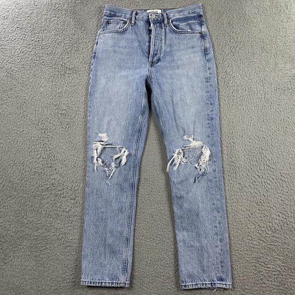 AGOLDE Jeans Womens 25 Light Wash Riley Button Fly Distressed Straight A056D-983 - Picture 1 of 8